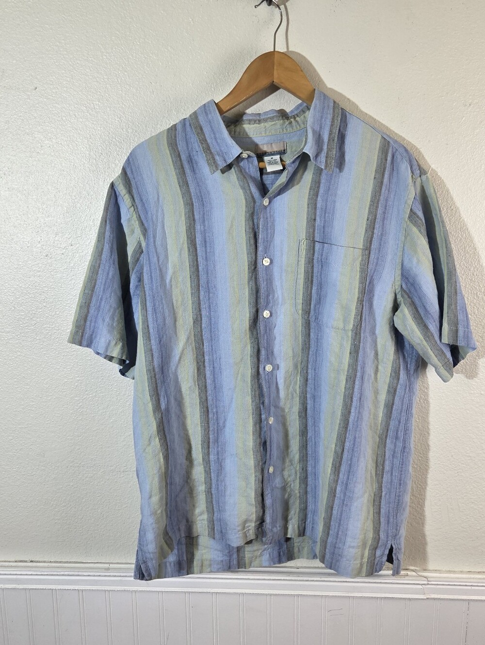 Vintage Breakwater 100% Linen Shirt Mens M Blue Green Striped Short Sleeve